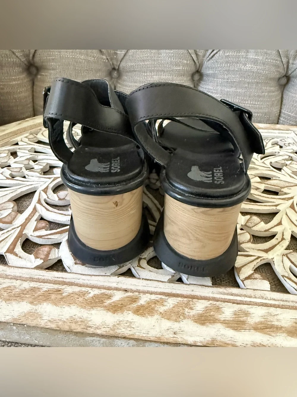 Sorel Black Leather Wide Strap Wedge Platform Sandals Shoes Women’s 10 - Picture 4 of 12